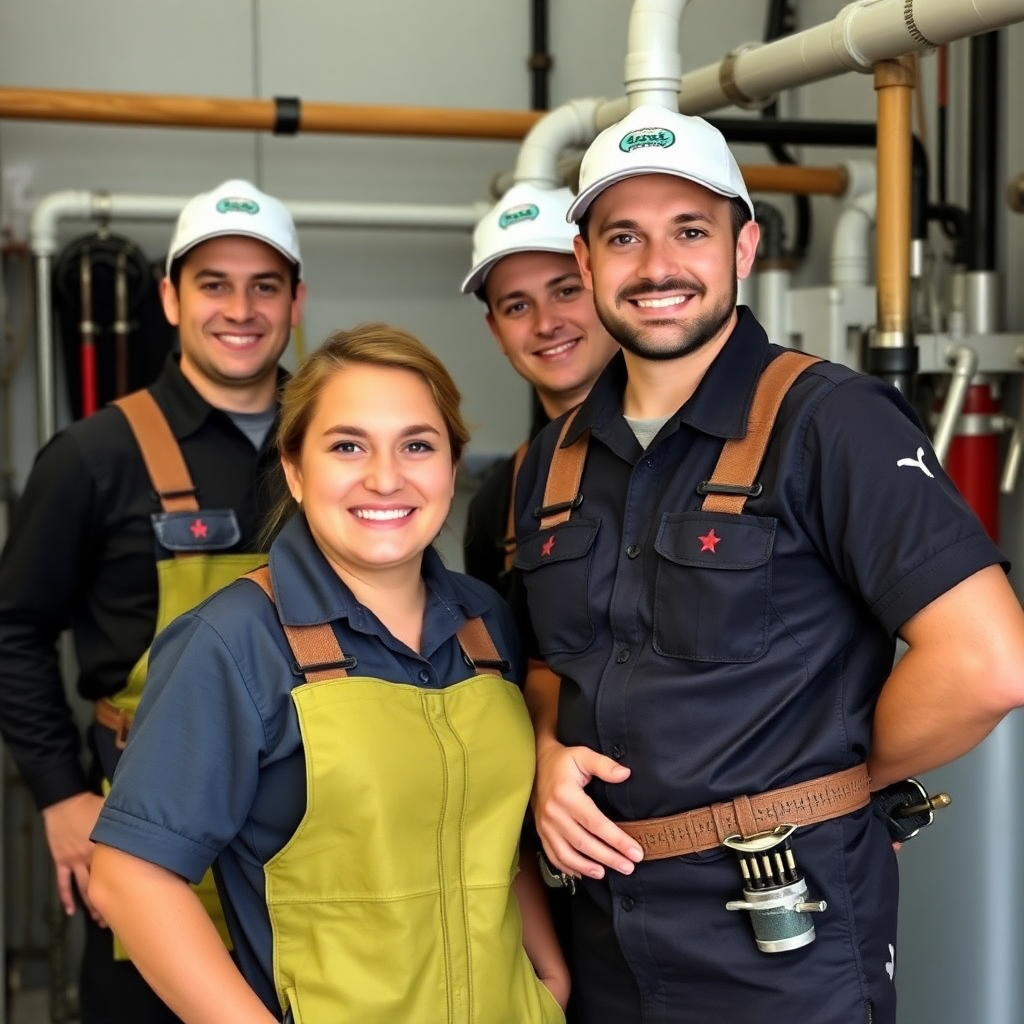 professional plumbing team with tools and uniforms, friendly service